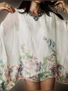 Elena Baldi Silk Boho Poncho Top Made In Italy Floral Batwing Blouse M